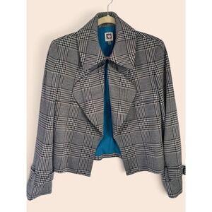 Anne Klein Cropped Trench Blazer Glen Plaid Open Front Jacket Retro Chic